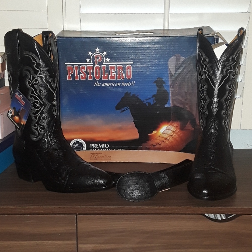 Pair of cowboy boots and a matching belt